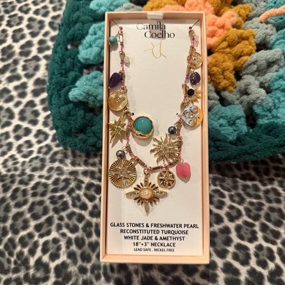 Camila Coelho Gold Pink Pearl Jade Turquoise Amethyst Charm Necklace NWT - Picture 8 of 14